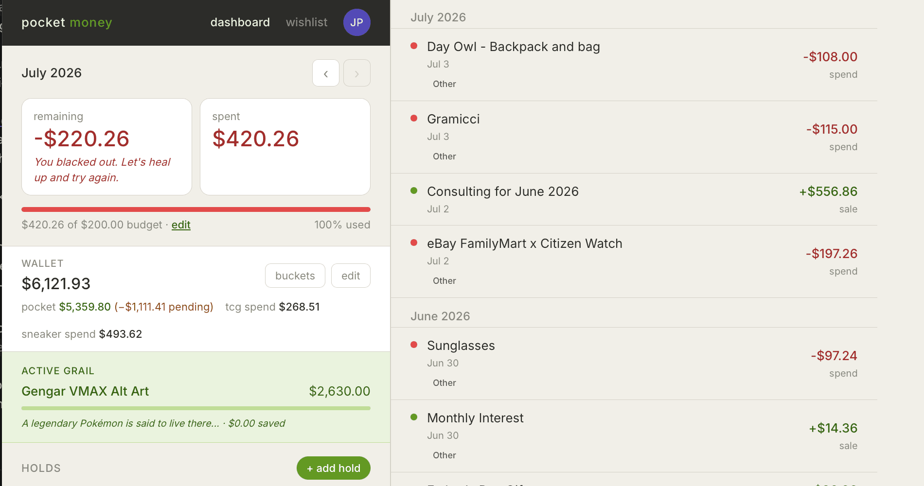 The Pocket Money dashboard showing a monthly budget, a wallet split into stashes, holds, an active grail, and a transaction log