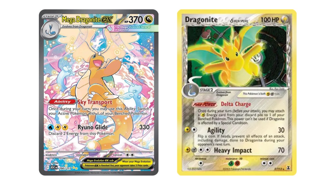 Modern and vintage Pokémon TCG cards side by side